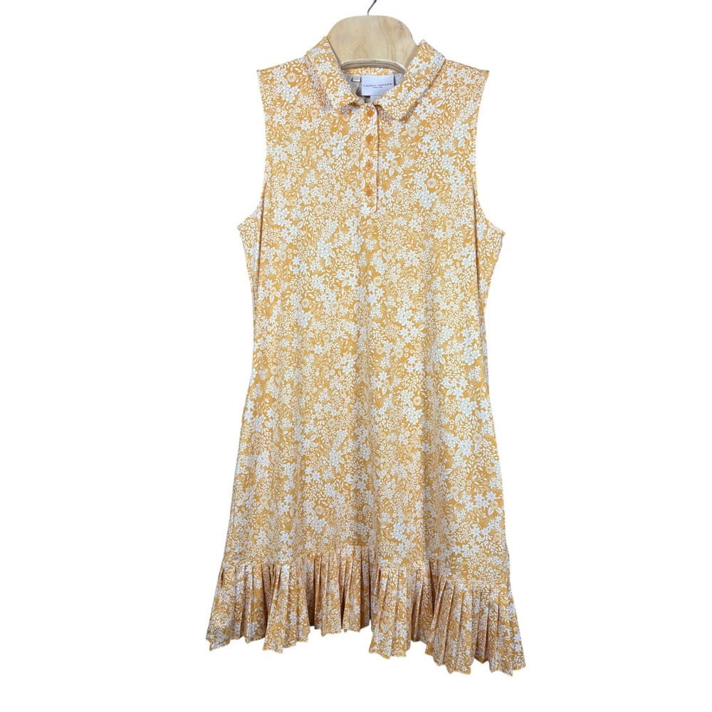 Laura Ashley Dress Womens L Sleeveless Polo Yellow Floral Ruffle Hem Performance